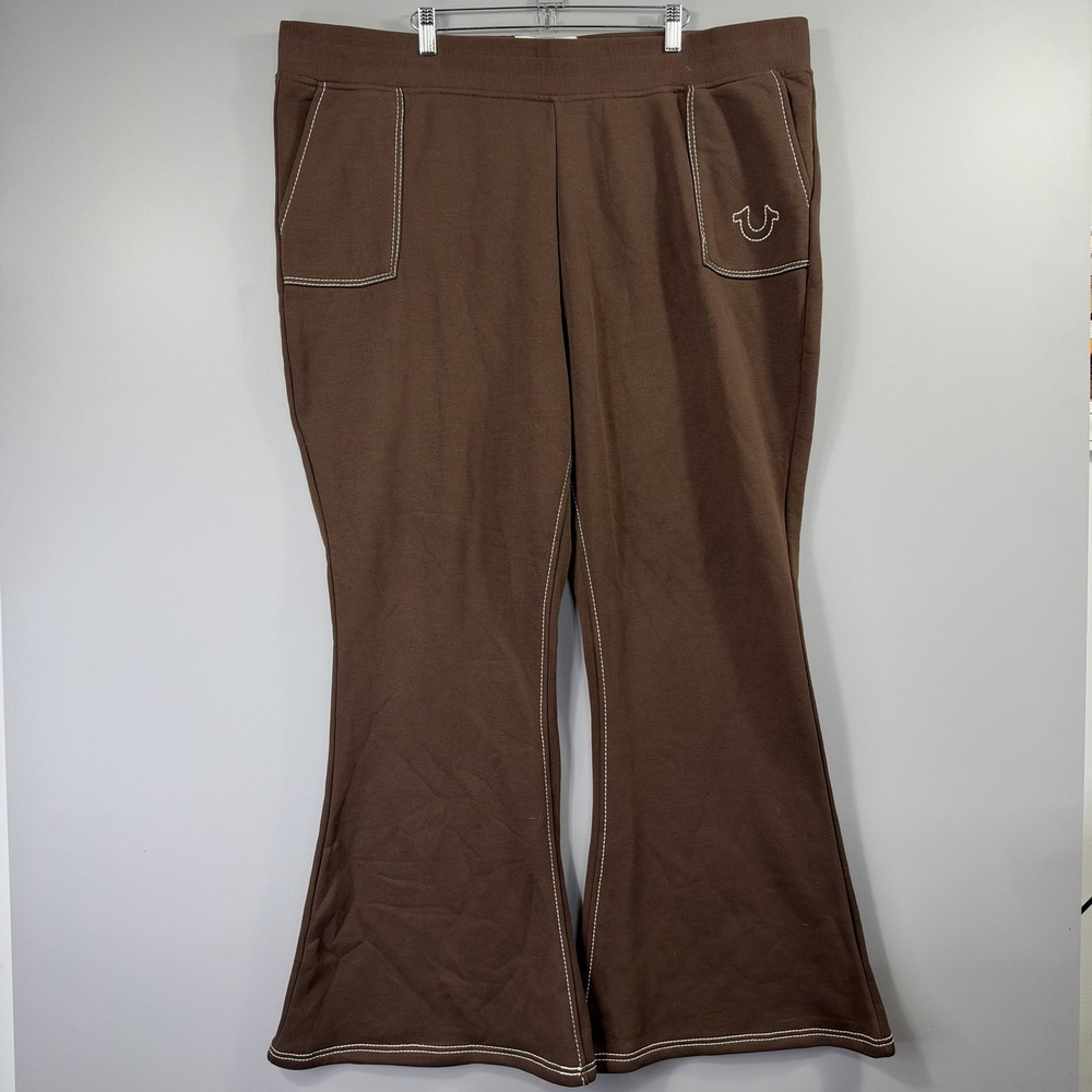 True Religion Sweatpants Womens 3XL Brown Fleece Flare Leg Elastic Waist Pockets